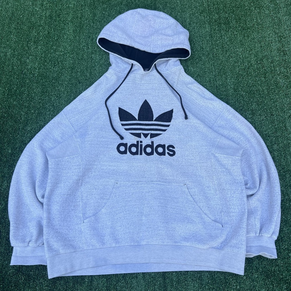 Vintage Adidas Hoodie Mens Large Gray Double Faced Tre Foil Boxy Sportswear 90s